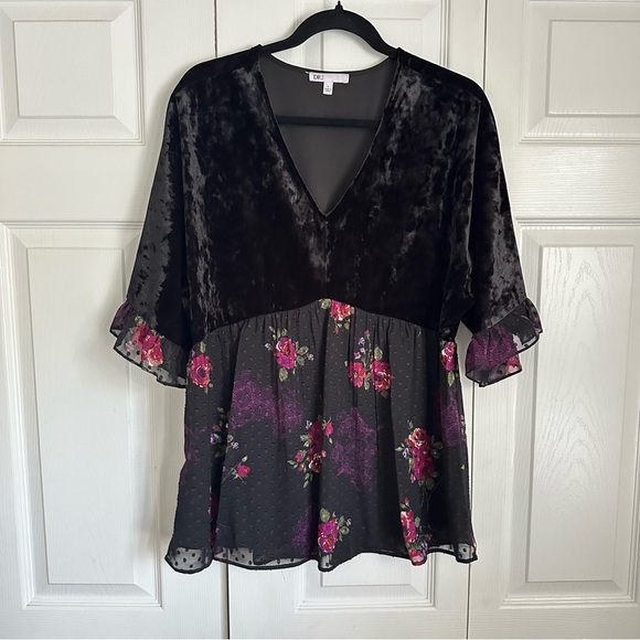 DR2 Tunic Top Womens L Black Velvet Floral Sheer Ruffle Boho Peplum Whimsigoth - Picture 1 of 12